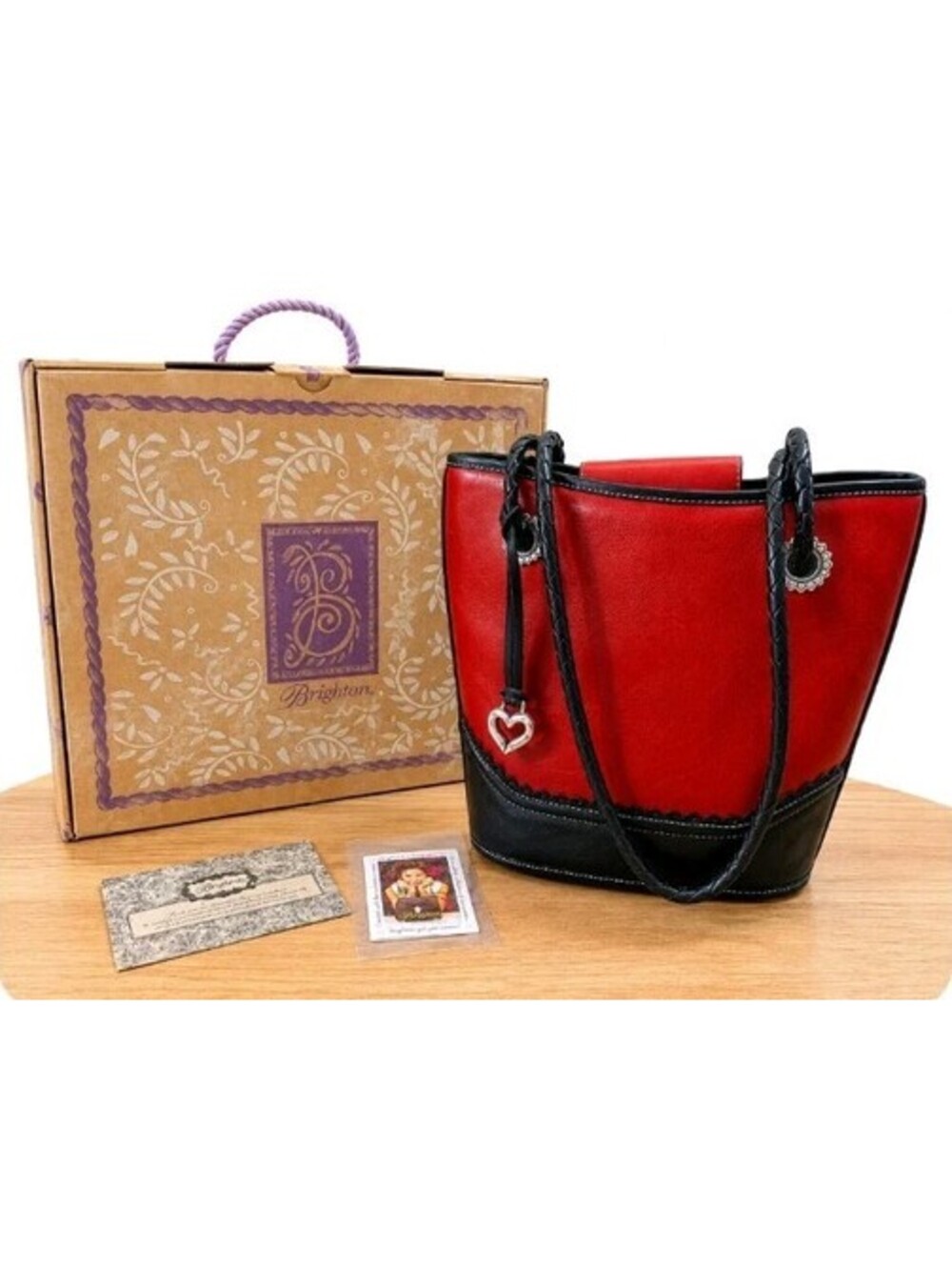 Brighton Red Black Leather Tote Shoulder Bag Heart Charm w/ Box Cards EUC